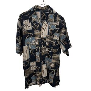 WTF 100% Silk Button Up Short Sleeve‎ Shirt Blue Beige Tan Mens Size M